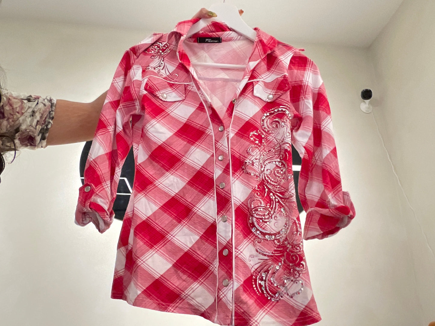 Red Checkered Sequin Button Up