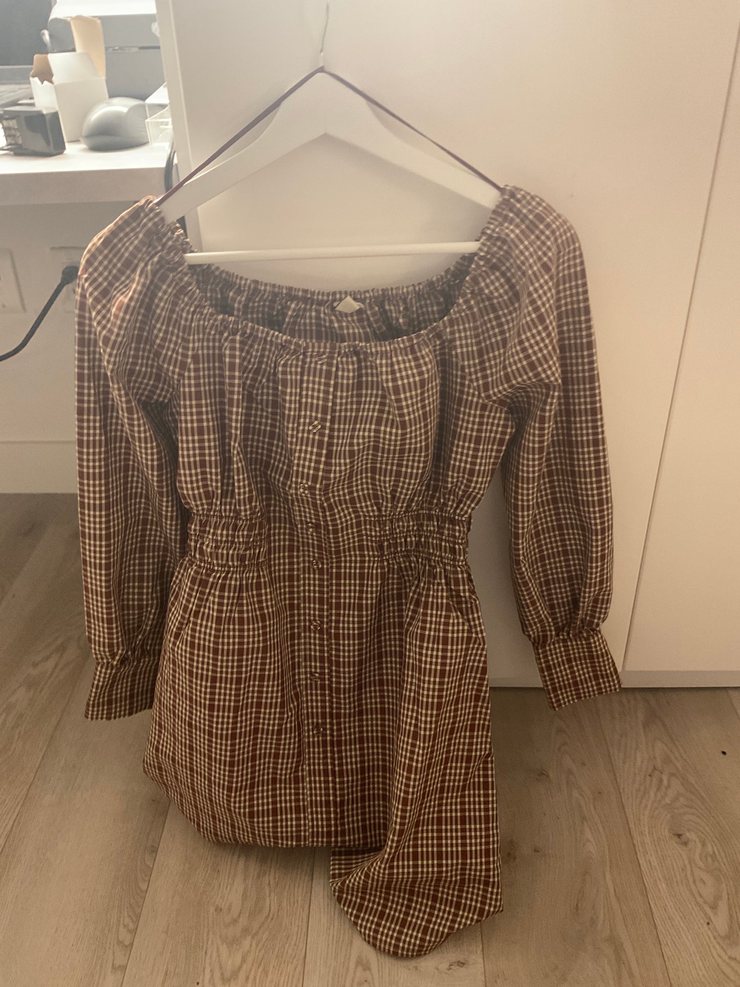 Brown/White Plaid Cuffed Dress